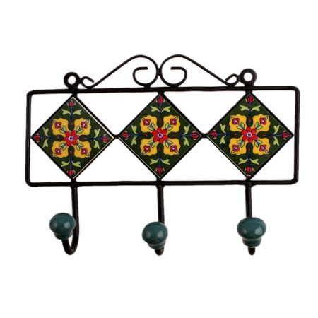 Green Floral Ceramic Tiles Hooks-465 (Set Of Ine Piece)